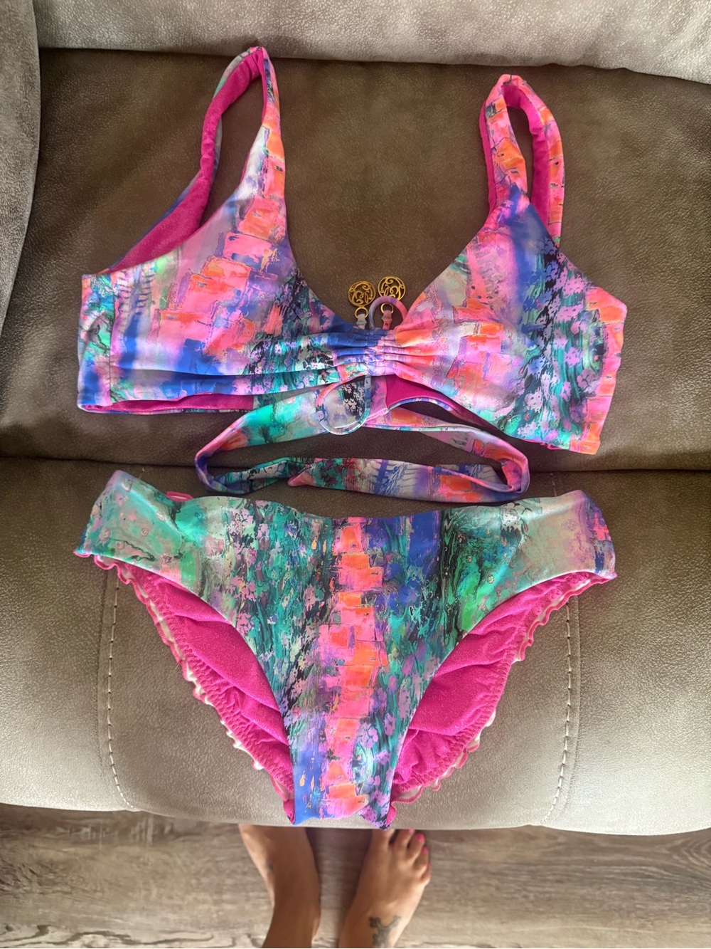 Luli Fama Pink Multicolor Abstract Print Bikini